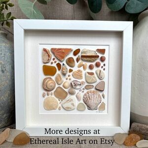 Pumpkin Spice + Cream ~ Framed Sea Glass, Sea Pottery, Seashell Art